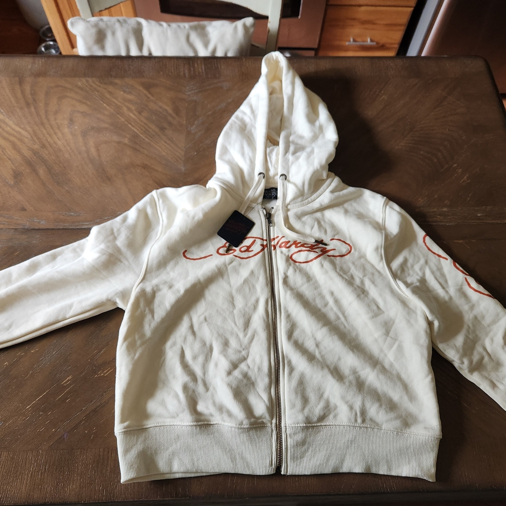 Ed Hardy Cream Zip-Up Hoodie with Orange Script